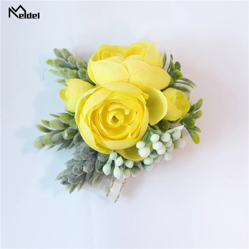 Meldel Rose Bud Wrist Corsage Hand Flower Man Boutonniere Artificial Tea Rose Silk Wrist Bracelet Bridesmaid Wedding Prom Brooch - Luzilly Bridal & Apparel