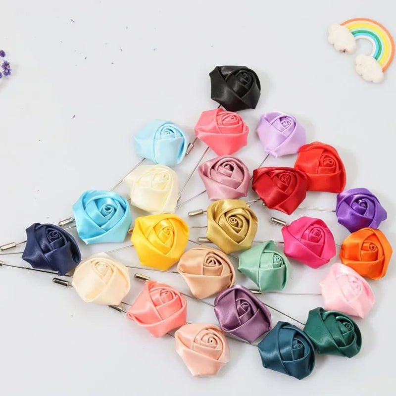 Men Boutonnieres for Wedding Groom Corsage Lapel Pins Ribbon Roses Flower Mensuit Buttonhole Brooch Marriage Accessories - Luzilly Bridal & Apparel