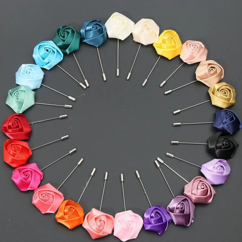 Men Boutonnieres for Wedding Groom Corsage Lapel Pins Ribbon Roses Flower Mensuit Buttonhole Brooch Marriage Accessories - Luzilly Bridal & Apparel
