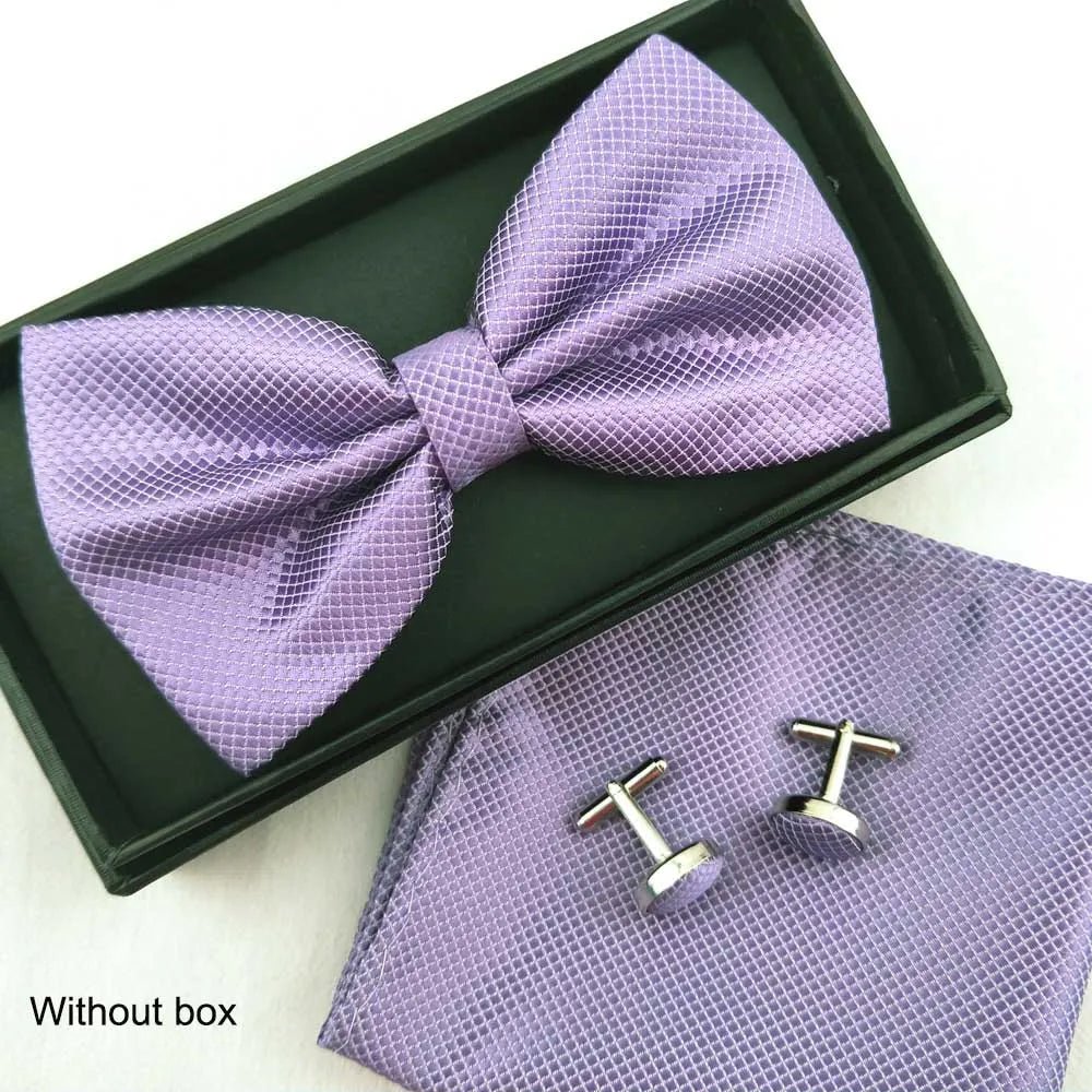Men Bow Tie Set 3ps Cufflinks Pocket Square Solid Color Check Bowtie For Men Party Wedding Fashion Butterfly Shirt Tie Wholesale - Luzilly Bridal & Apparel
