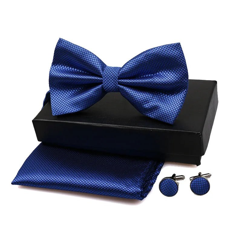Men Bow Tie Set 3ps Cufflinks Pocket Square Solid Color Check Bowtie For Men Party Wedding Fashion Butterfly Shirt Tie Wholesale - Luzilly Bridal & Apparel