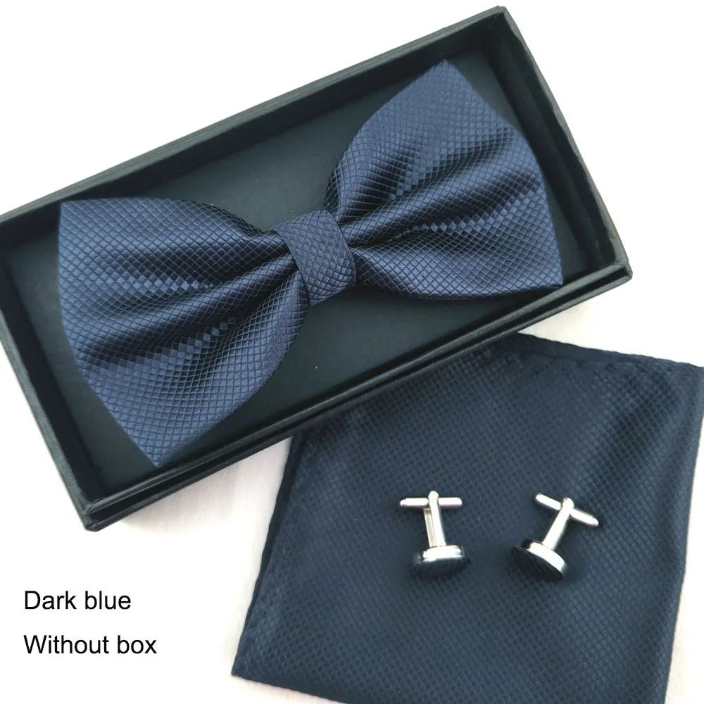 Men Bow Tie Set 3ps Cufflinks Pocket Square Solid Color Check Bowtie For Men Party Wedding Fashion Butterfly Shirt Tie Wholesale - Luzilly Bridal & Apparel