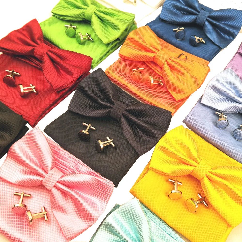 Men Bow Tie Set 3ps Cufflinks Pocket Square Solid Color Check Bowtie For Men Party Wedding Fashion Butterfly Shirt Tie Wholesale - Luzilly Bridal & Apparel