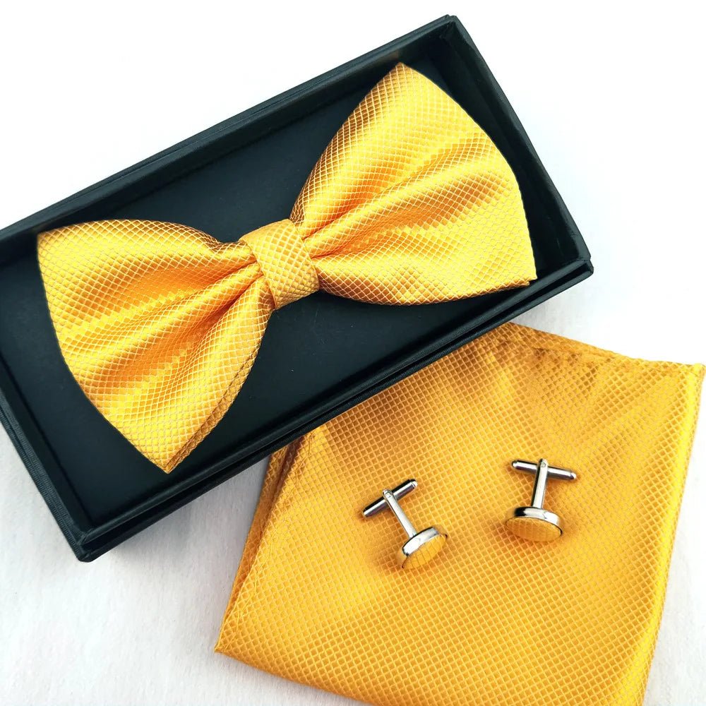 Men Bow Tie Set 3ps Cufflinks Pocket Square Solid Color Check Bowtie For Men Party Wedding Fashion Butterfly Shirt Tie Wholesale - Luzilly Bridal & Apparel
