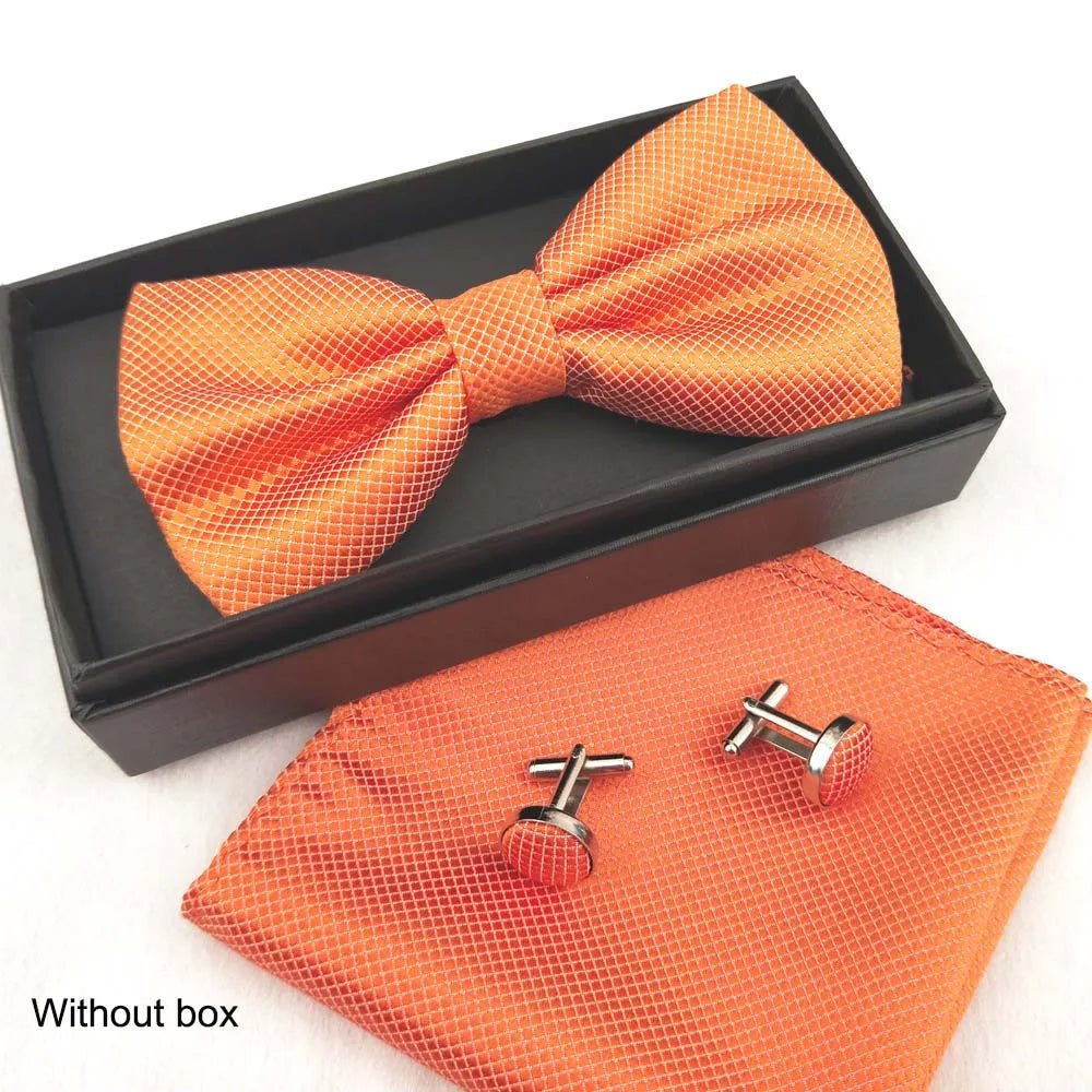 Men Bow Tie Set 3ps Cufflinks Pocket Square Solid Color Check Bowtie For Men Party Wedding Fashion Butterfly Shirt Tie Wholesale - Luzilly Bridal & Apparel