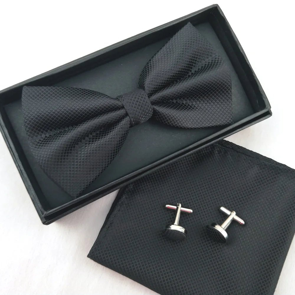 Men Bow Tie Set 3ps Cufflinks Pocket Square Solid Color Check Bowtie For Men Party Wedding Fashion Butterfly Shirt Tie Wholesale - Luzilly Bridal & Apparel