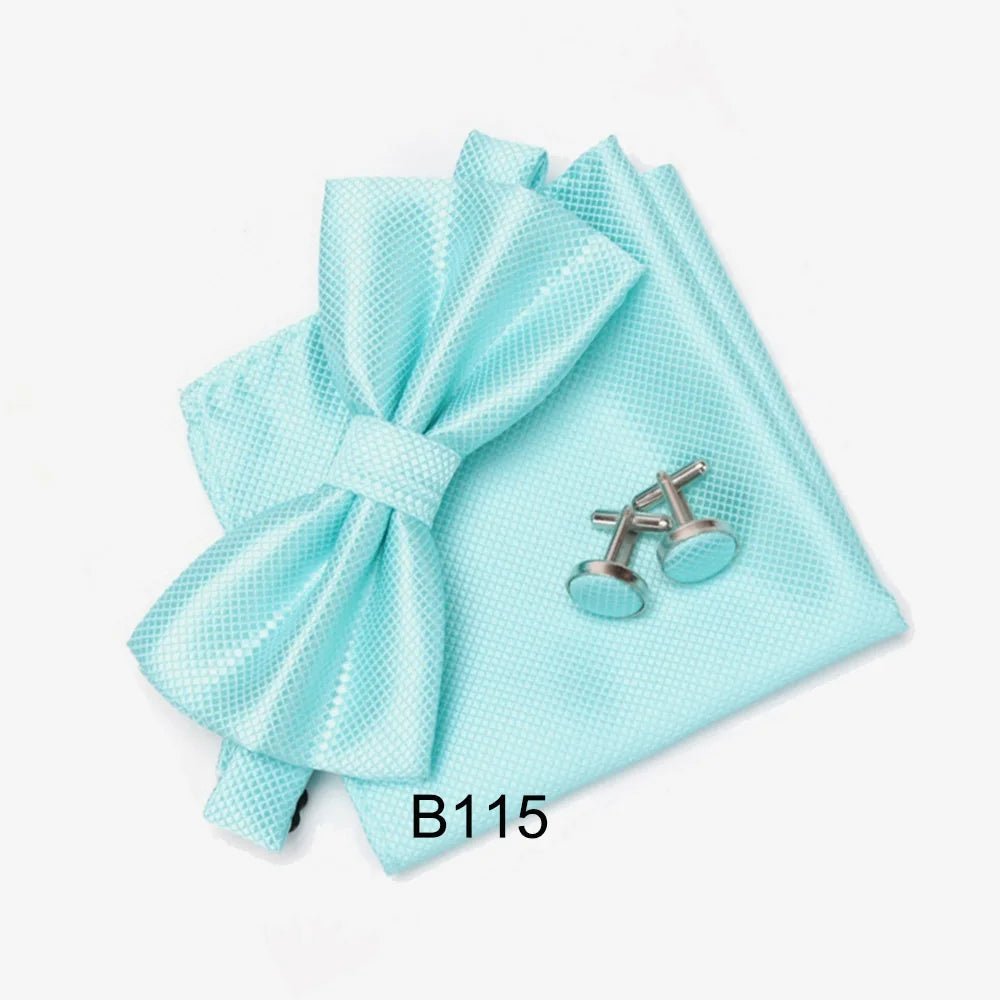 Men Bow Tie Set 3ps Cufflinks Pocket Square Solid Color Check Bowtie For Men Party Wedding Fashion Butterfly Shirt Tie Wholesale - Luzilly Bridal & Apparel