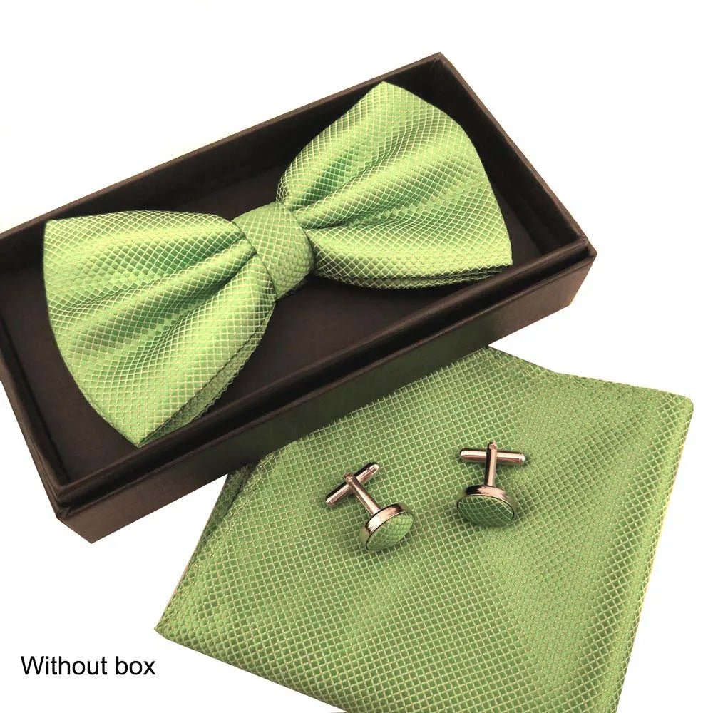 Men Bow Tie Set 3ps Cufflinks Pocket Square Solid Color Check Bowtie For Men Party Wedding Fashion Butterfly Shirt Tie Wholesale - Luzilly Bridal & Apparel