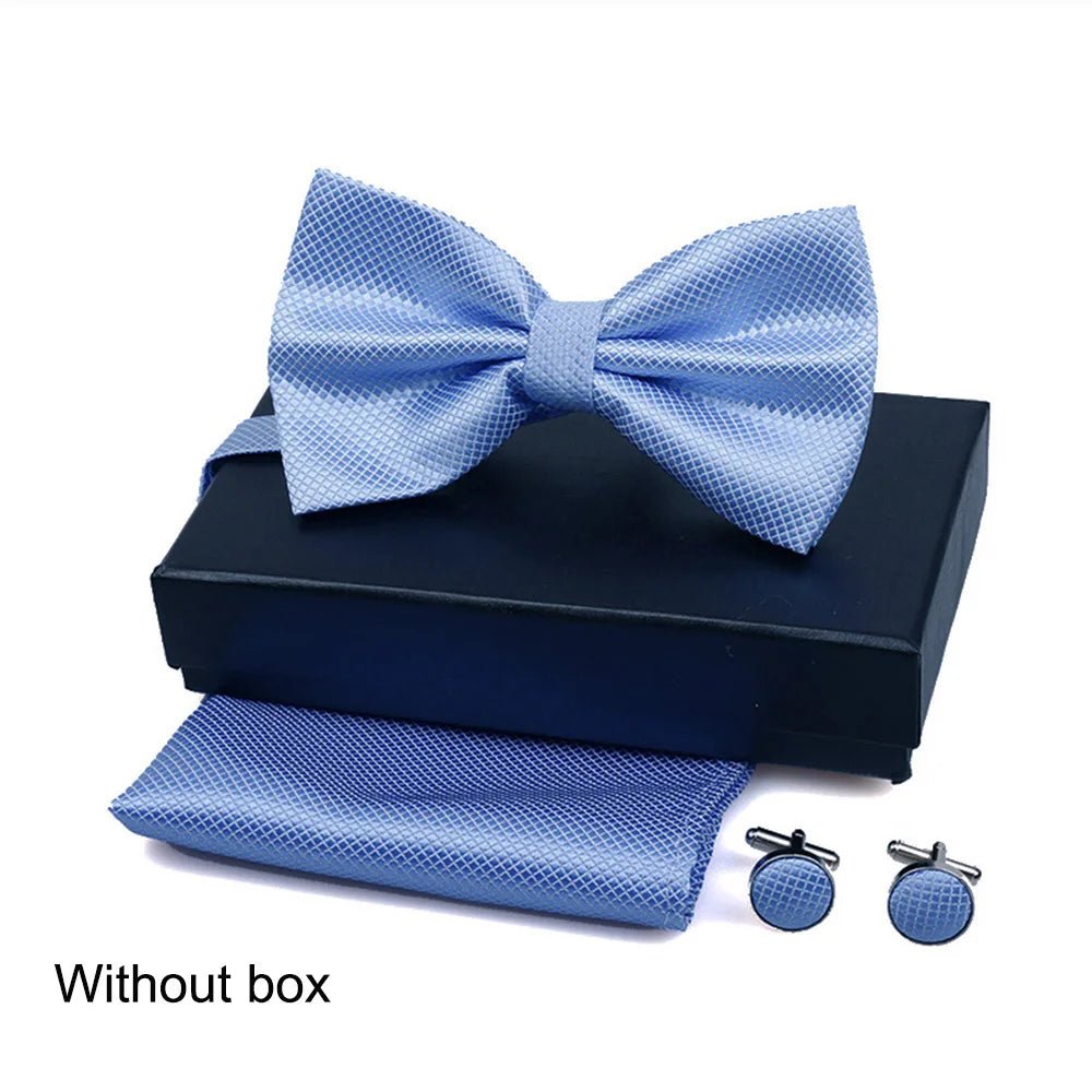 Men Bow Tie Set 3ps Cufflinks Pocket Square Solid Color Check Bowtie For Men Party Wedding Fashion Butterfly Shirt Tie Wholesale - Luzilly Bridal & Apparel
