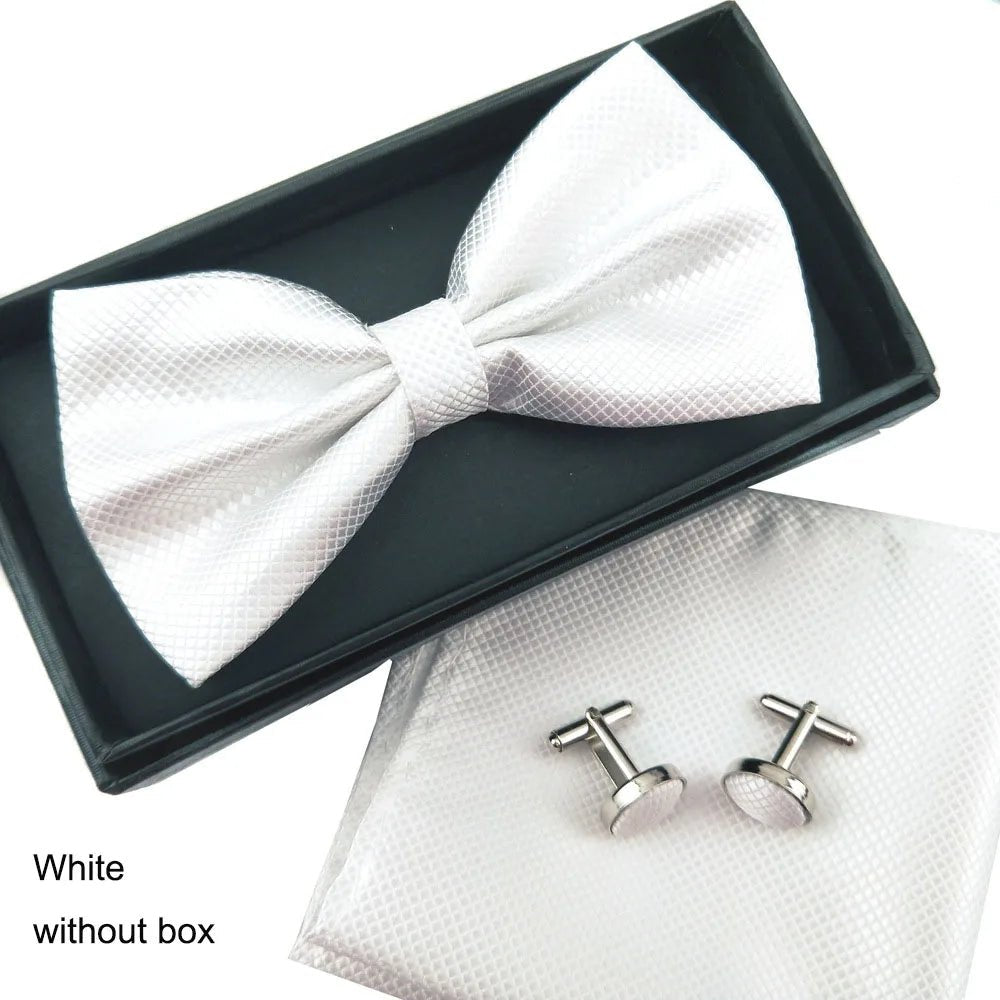 Men Bow Tie Set 3ps Cufflinks Pocket Square Solid Color Check Bowtie For Men Party Wedding Fashion Butterfly Shirt Tie Wholesale - Luzilly Bridal & Apparel