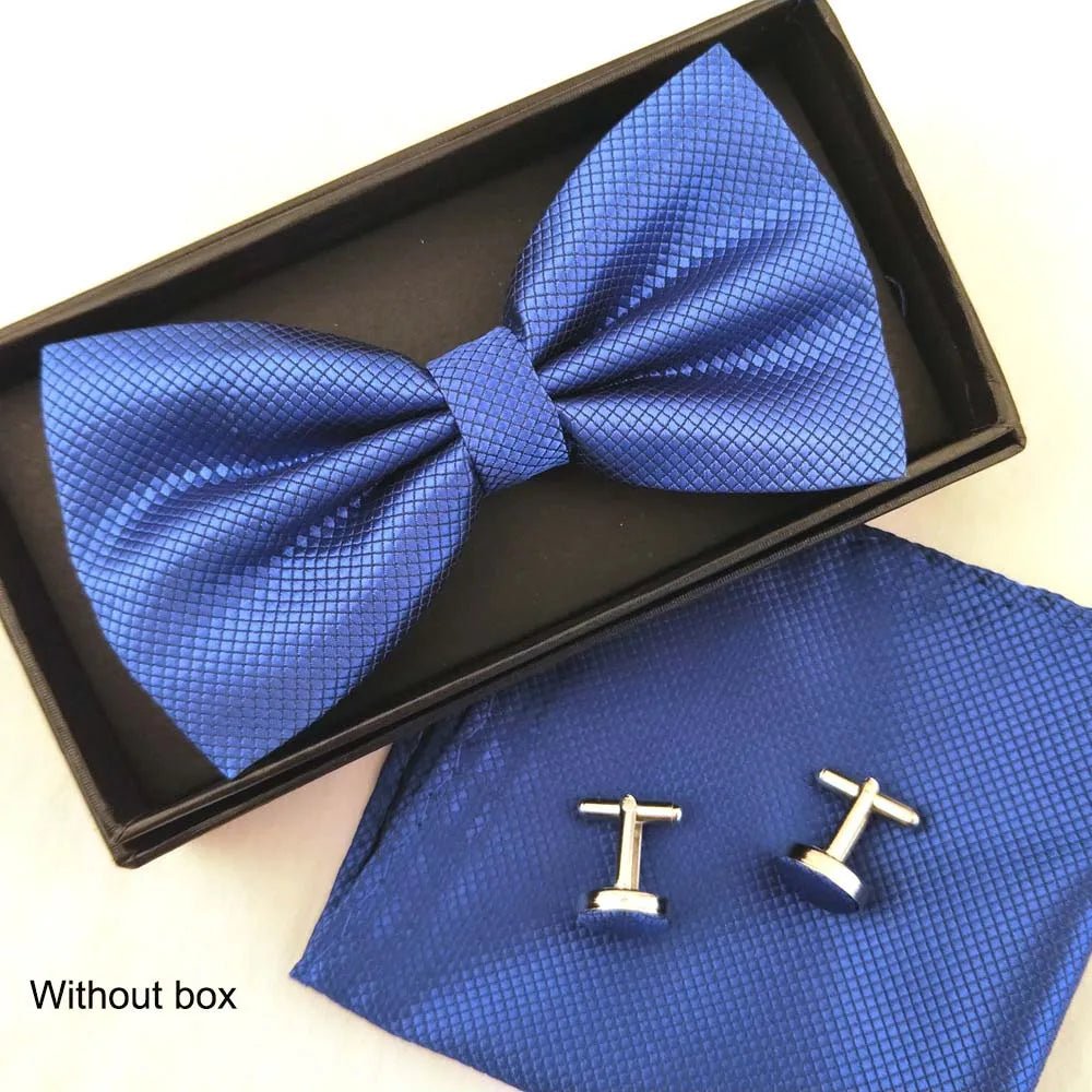 Men Bow Tie Set 3ps Cufflinks Pocket Square Solid Color Check Bowtie For Men Party Wedding Fashion Butterfly Shirt Tie Wholesale - Luzilly Bridal & Apparel