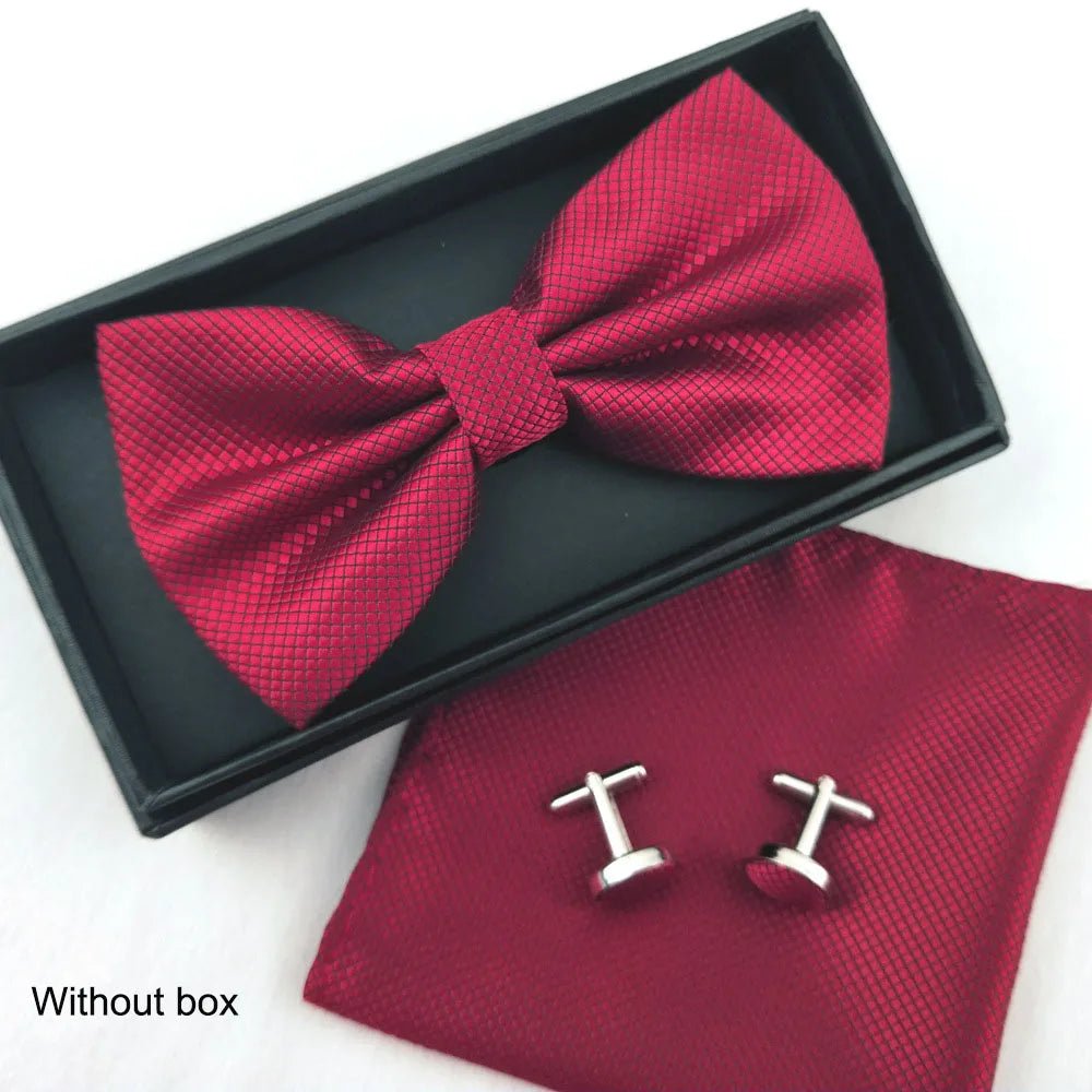 Men Bow Tie Set 3ps Cufflinks Pocket Square Solid Color Check Bowtie For Men Party Wedding Fashion Butterfly Shirt Tie Wholesale - Luzilly Bridal & Apparel
