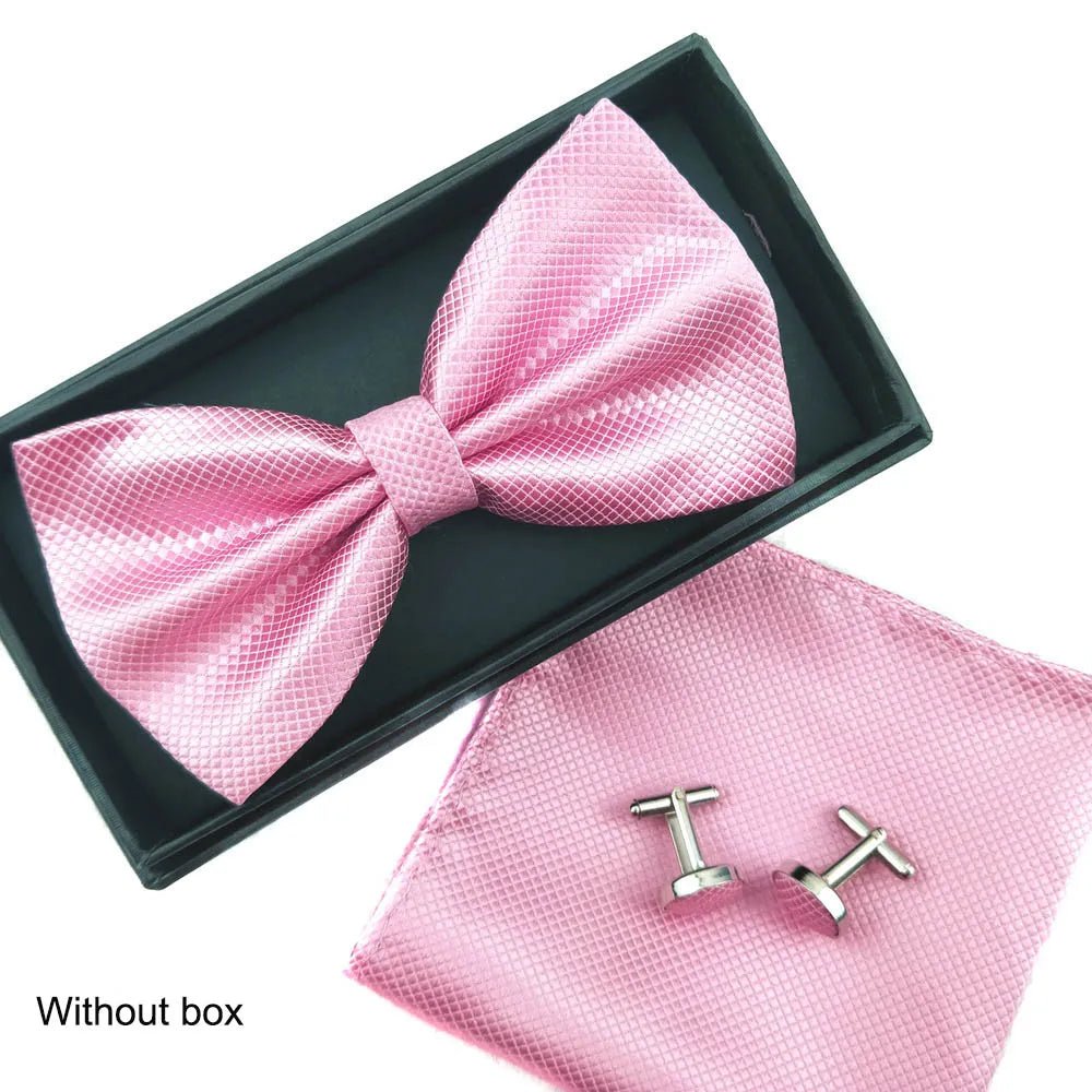 Men Bow Tie Set 3ps Cufflinks Pocket Square Solid Color Check Bowtie For Men Party Wedding Fashion Butterfly Shirt Tie Wholesale - Luzilly Bridal & Apparel