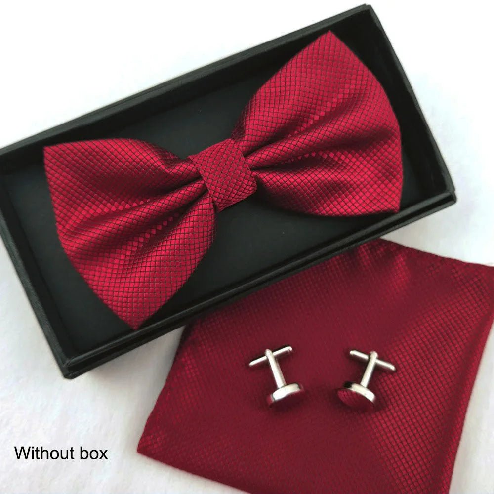 Men Bow Tie Set 3ps Cufflinks Pocket Square Solid Color Check Bowtie For Men Party Wedding Fashion Butterfly Shirt Tie Wholesale - Luzilly Bridal & Apparel
