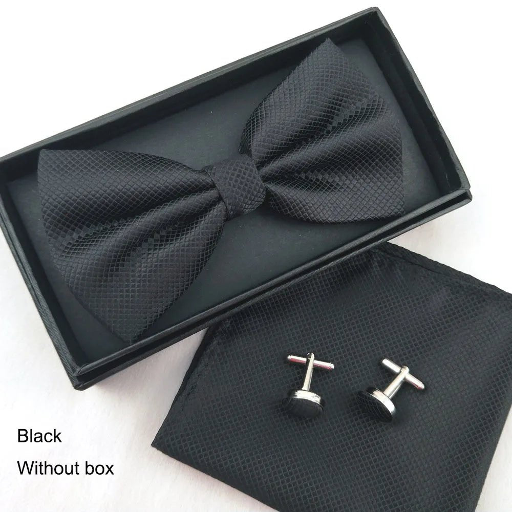 Men Bow Tie Set 3ps Cufflinks Pocket Square Solid Color Check Bowtie For Men Party Wedding Fashion Butterfly Shirt Tie Wholesale - Luzilly Bridal & Apparel