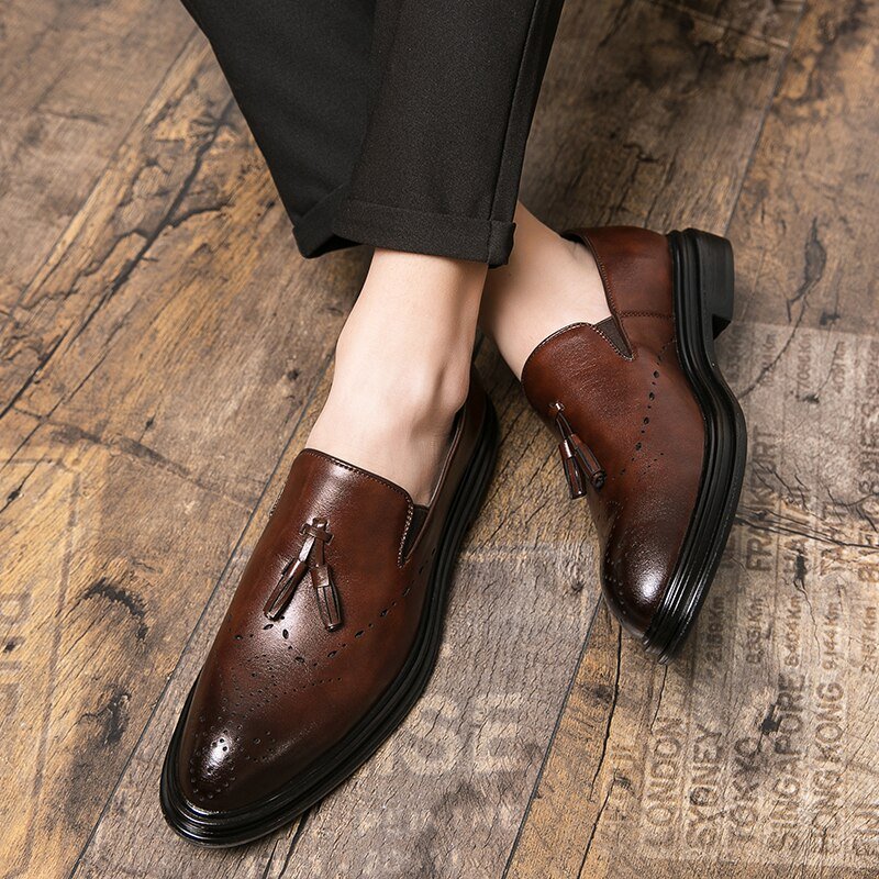 Men Dress Shoes Genuine Leather Brogue Shoes Man Business Casual Leather Oxford Shoes Dance Party Wedding Formal Shoes Male - Luzilly Bridal & Apparel
