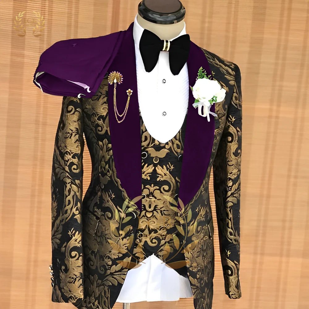 Men's Gold Jacquard Three-Piece Wedding Tuxedo - Luzilly Bridal & Apparel