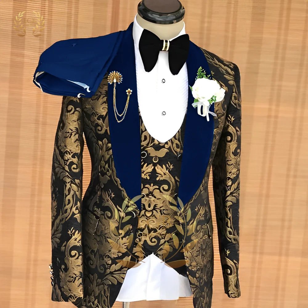 Men's Gold Jacquard Three-Piece Wedding Tuxedo - Luzilly Bridal & Apparel