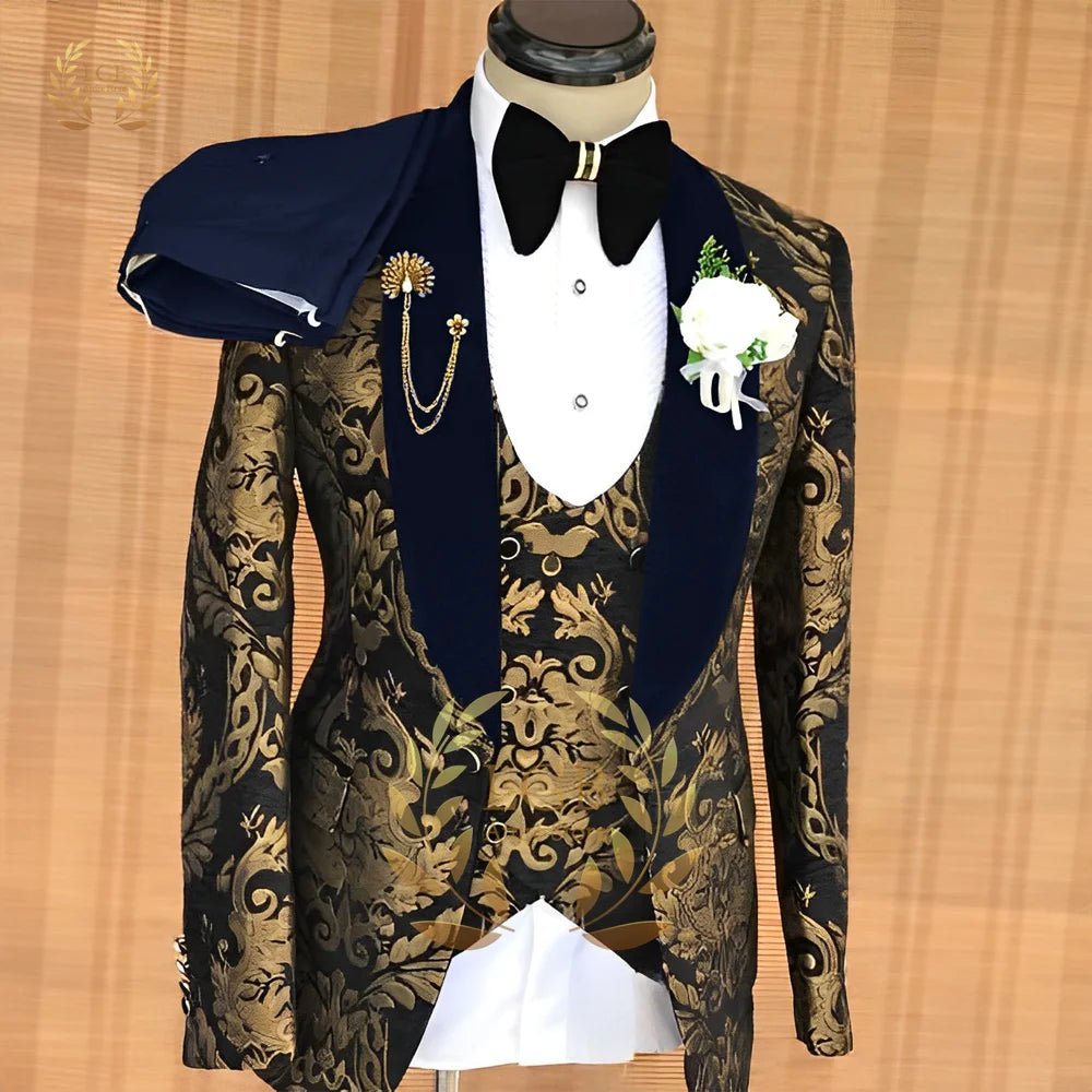 Men's Gold Jacquard Three-Piece Wedding Tuxedo - Luzilly Bridal & Apparel