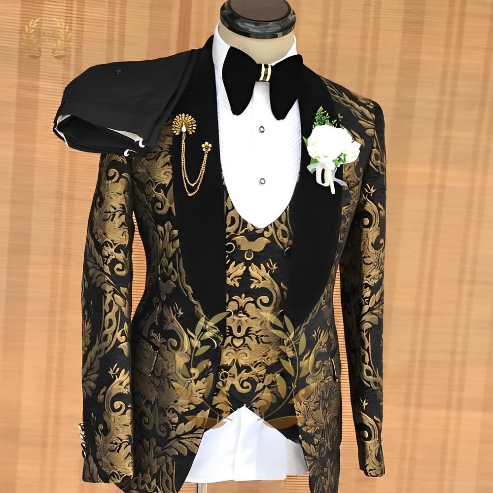 Men's Gold Jacquard Three-Piece Wedding Tuxedo - Luzilly Bridal & Apparel
