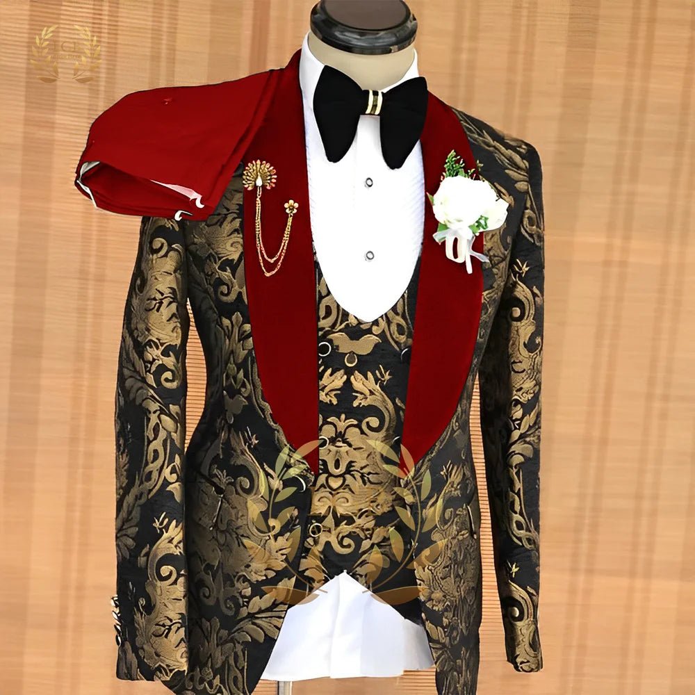 Men's Gold Jacquard Three-Piece Wedding Tuxedo - Luzilly Bridal & Apparel