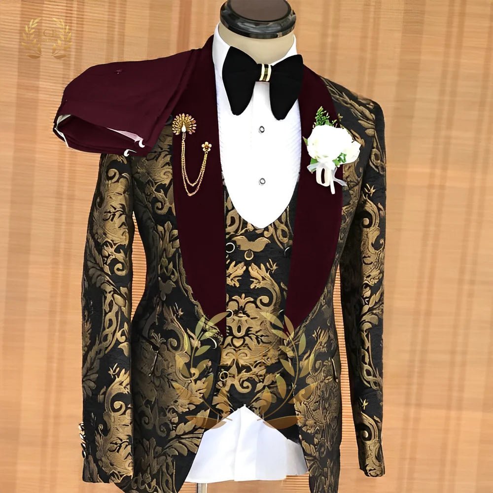 Men's Gold Jacquard Three-Piece Wedding Tuxedo - Luzilly Bridal & Apparel