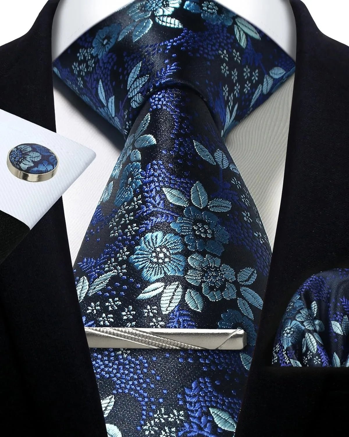 Mens Tie Set Silk Silver Paisley Floral Necktie and Pocket Square Cufflinks Tie Clip Classic Formal Ties for Men Wedding Party - Luzilly Bridal & Apparel