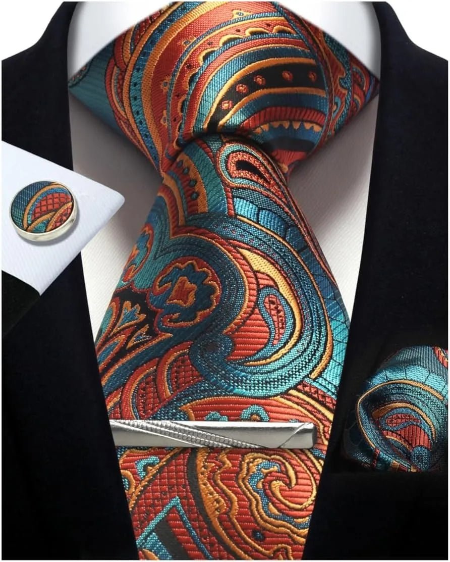 Mens Tie Set Silk Silver Paisley Floral Necktie and Pocket Square Cufflinks Tie Clip Classic Formal Ties for Men Wedding Party - Luzilly Bridal & Apparel