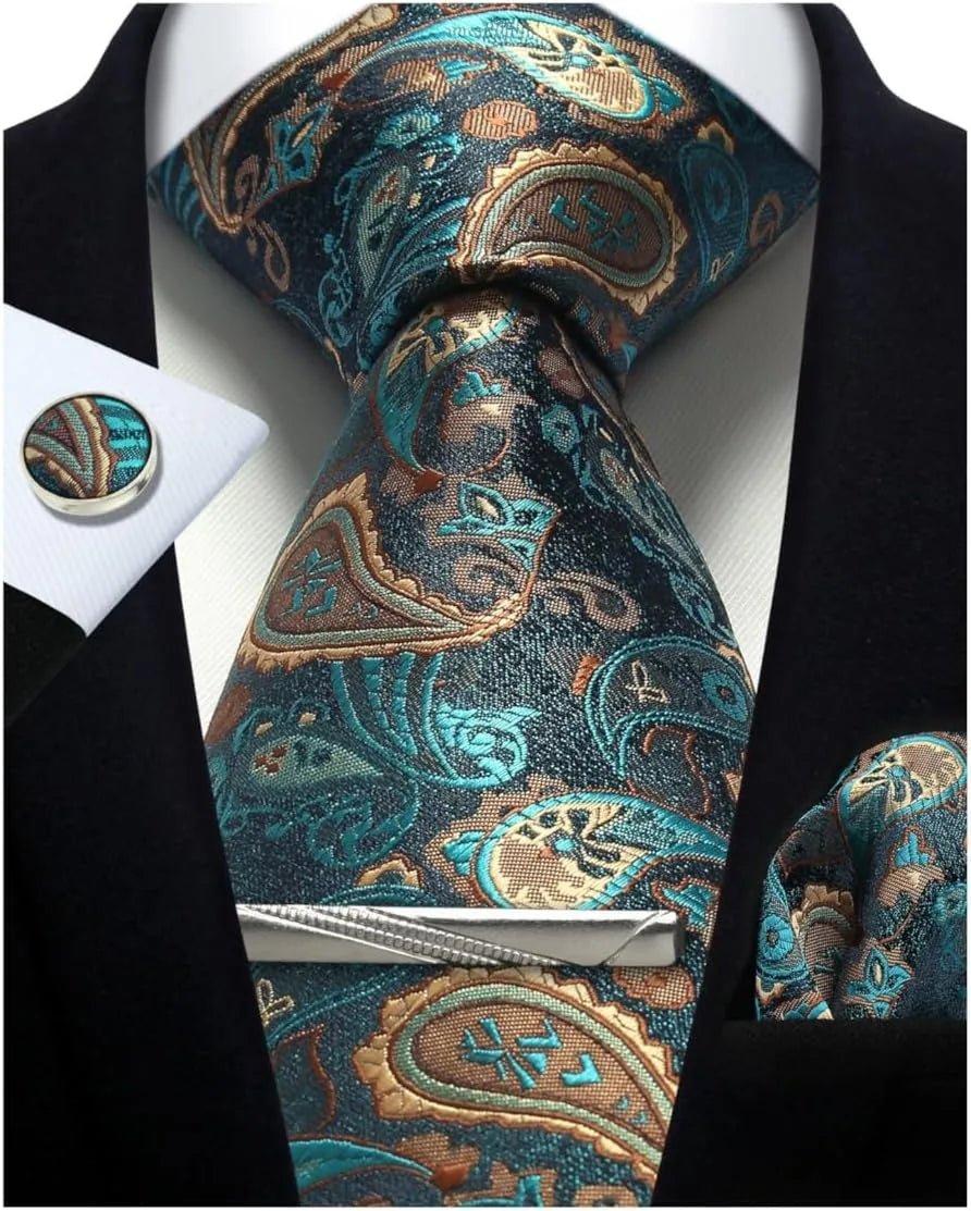 Mens Tie Set Silk Silver Paisley Floral Necktie and Pocket Square Cufflinks Tie Clip Classic Formal Ties for Men Wedding Party - Luzilly Bridal & Apparel