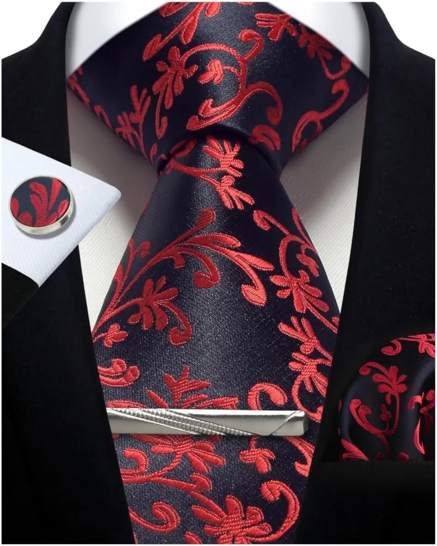 Mens Tie Set Silk Silver Paisley Floral Necktie and Pocket Square Cufflinks Tie Clip Classic Formal Ties for Men Wedding Party - Luzilly Bridal & Apparel