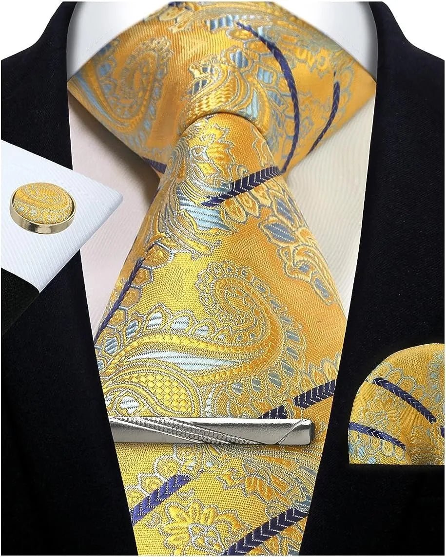 Mens Tie Set Silk Silver Paisley Floral Necktie and Pocket Square Cufflinks Tie Clip Classic Formal Ties for Men Wedding Party - Luzilly Bridal & Apparel