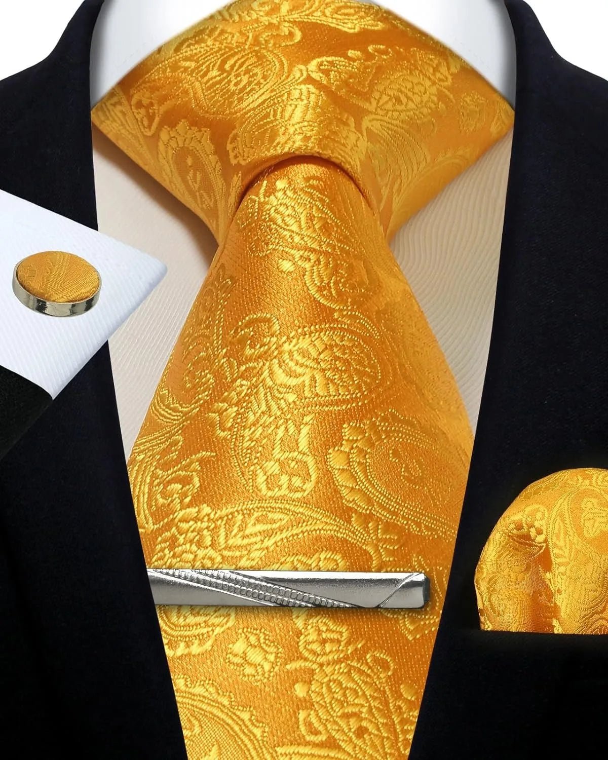 Mens Tie Set Silk Silver Paisley Floral Necktie and Pocket Square Cufflinks Tie Clip Classic Formal Ties for Men Wedding Party - Luzilly Bridal & Apparel