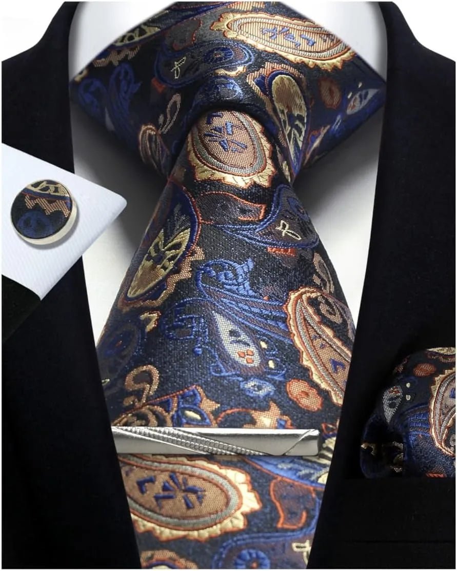 Mens Tie Set Silk Silver Paisley Floral Necktie and Pocket Square Cufflinks Tie Clip Classic Formal Ties for Men Wedding Party - Luzilly Bridal & Apparel