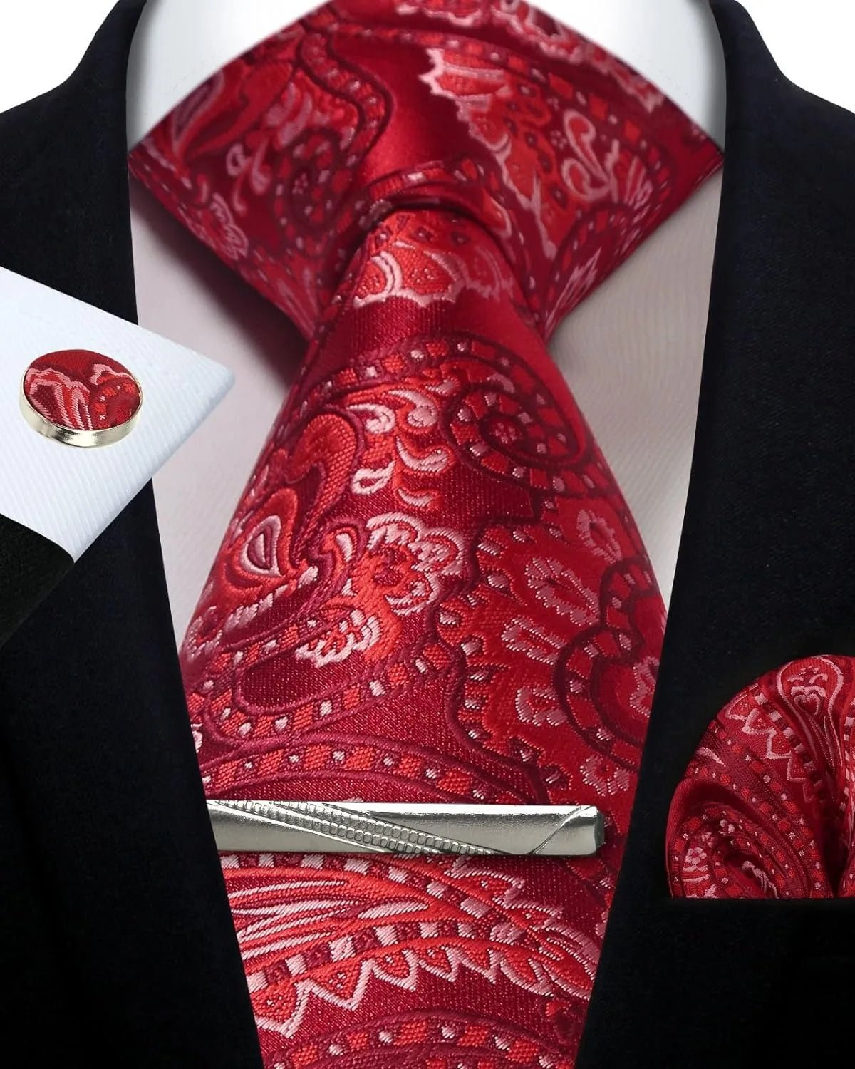 Mens Tie Set Silk Silver Paisley Floral Necktie and Pocket Square Cufflinks Tie Clip Classic Formal Ties for Men Wedding Party - Luzilly Bridal & Apparel