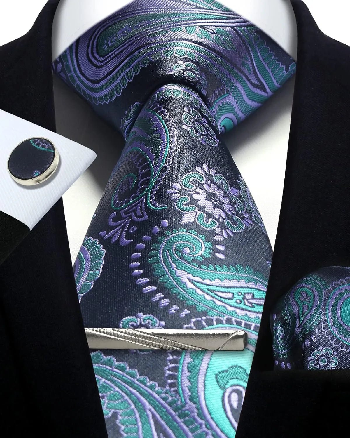 Mens Tie Set Silk Silver Paisley Floral Necktie and Pocket Square Cufflinks Tie Clip Classic Formal Ties for Men Wedding Party - Luzilly Bridal & Apparel