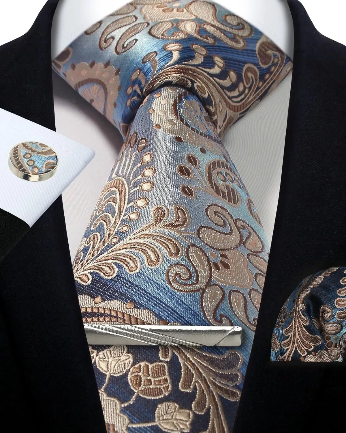 Mens Tie Set Silk Silver Paisley Floral Necktie and Pocket Square Cufflinks Tie Clip Classic Formal Ties for Men Wedding Party - Luzilly Bridal & Apparel