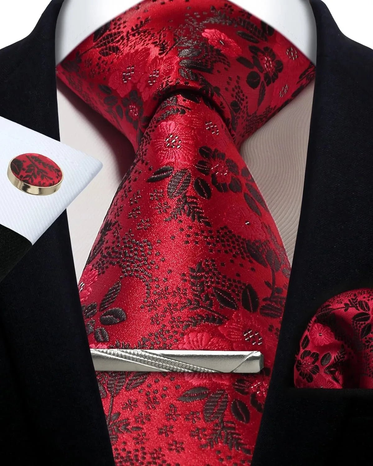 Mens Tie Set Silk Silver Paisley Floral Necktie and Pocket Square Cufflinks Tie Clip Classic Formal Ties for Men Wedding Party - Luzilly Bridal & Apparel