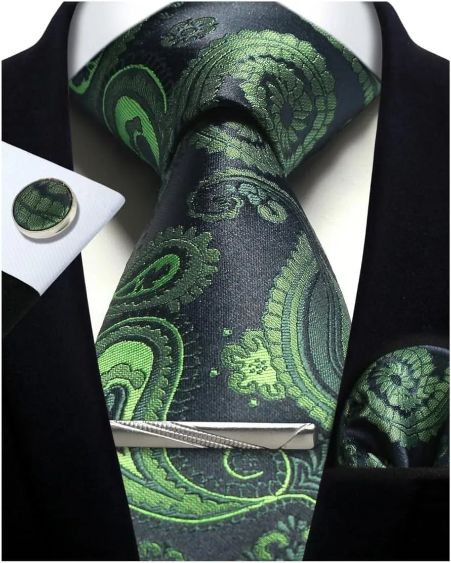 Mens Tie Set Silk Silver Paisley Floral Necktie and Pocket Square Cufflinks Tie Clip Classic Formal Ties for Men Wedding Party - Luzilly Bridal & Apparel