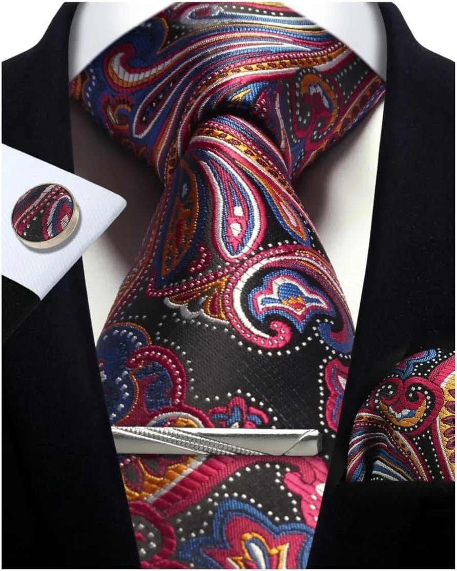 Mens Tie Set Silk Silver Paisley Floral Necktie and Pocket Square Cufflinks Tie Clip Classic Formal Ties for Men Wedding Party - Luzilly Bridal & Apparel