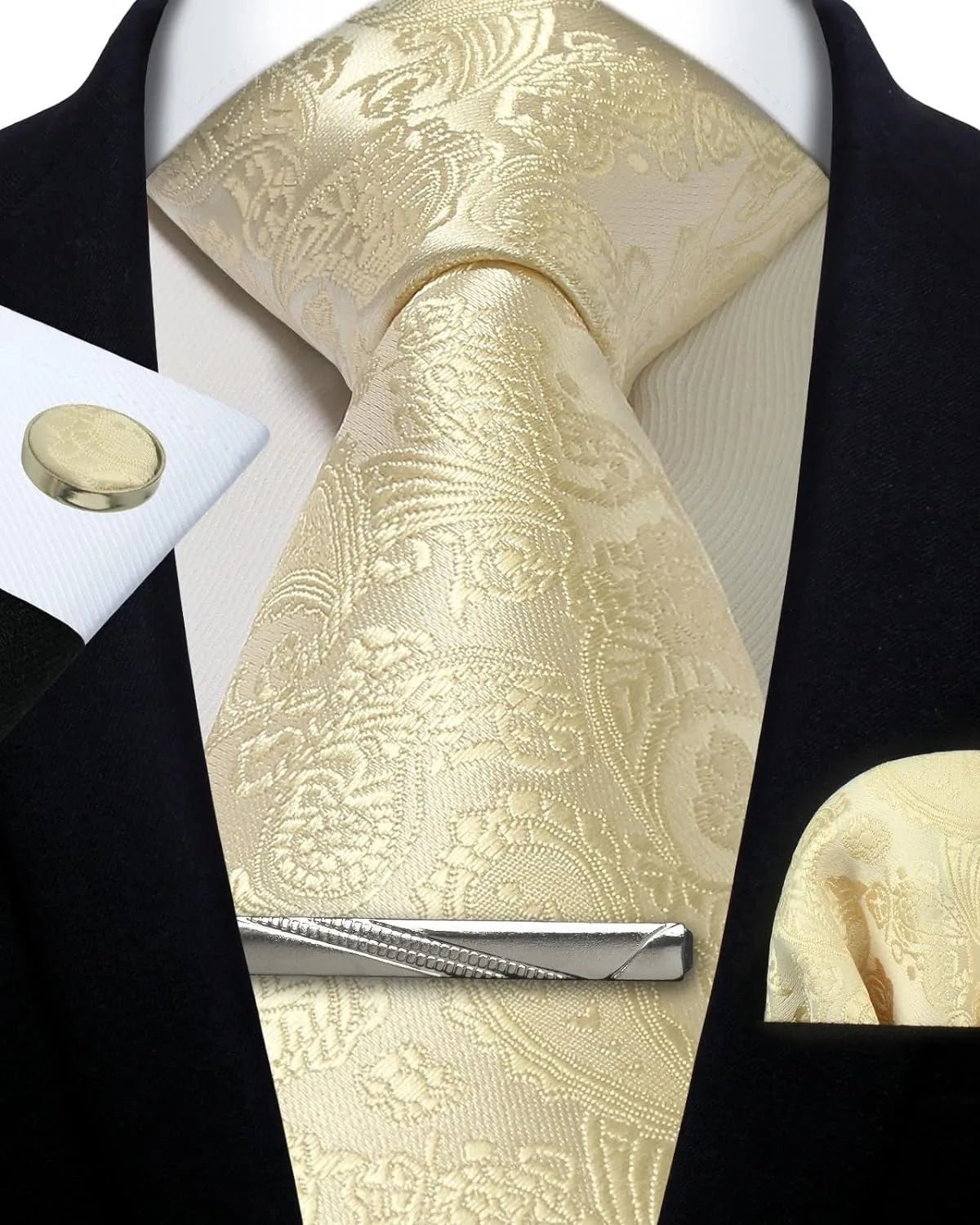 Mens Tie Set Silk Silver Paisley Floral Necktie and Pocket Square Cufflinks Tie Clip Classic Formal Ties for Men Wedding Party - Luzilly Bridal & Apparel