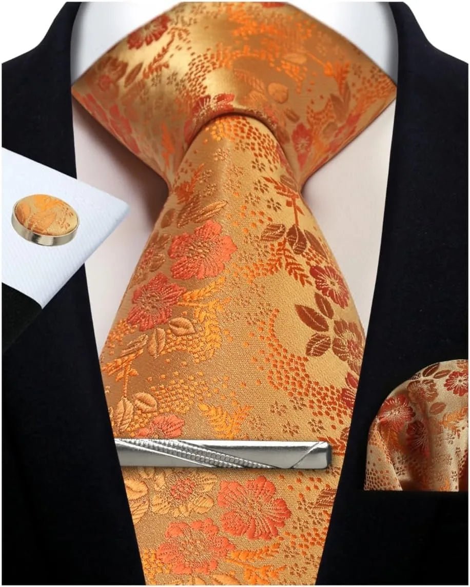 Mens Tie Set Silk Silver Paisley Floral Necktie and Pocket Square Cufflinks Tie Clip Classic Formal Ties for Men Wedding Party - Luzilly Bridal & Apparel