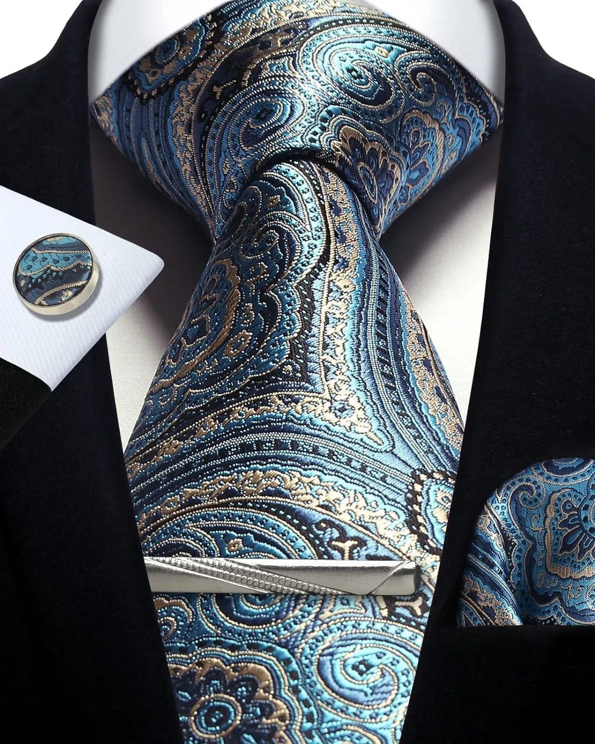 Mens Tie Set Silk Silver Paisley Floral Necktie and Pocket Square Cufflinks Tie Clip Classic Formal Ties for Men Wedding Party - Luzilly Bridal & Apparel