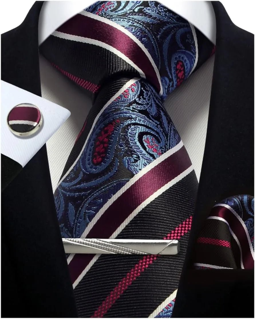 Mens Tie Set Silk Silver Paisley Floral Necktie and Pocket Square Cufflinks Tie Clip Classic Formal Ties for Men Wedding Party - Luzilly Bridal & Apparel
