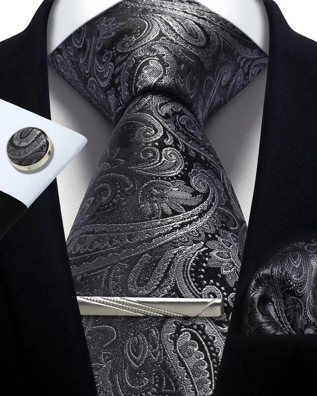 Mens Tie Set Silk Silver Paisley Floral Necktie and Pocket Square Cufflinks Tie Clip Classic Formal Ties for Men Wedding Party - Luzilly Bridal & Apparel