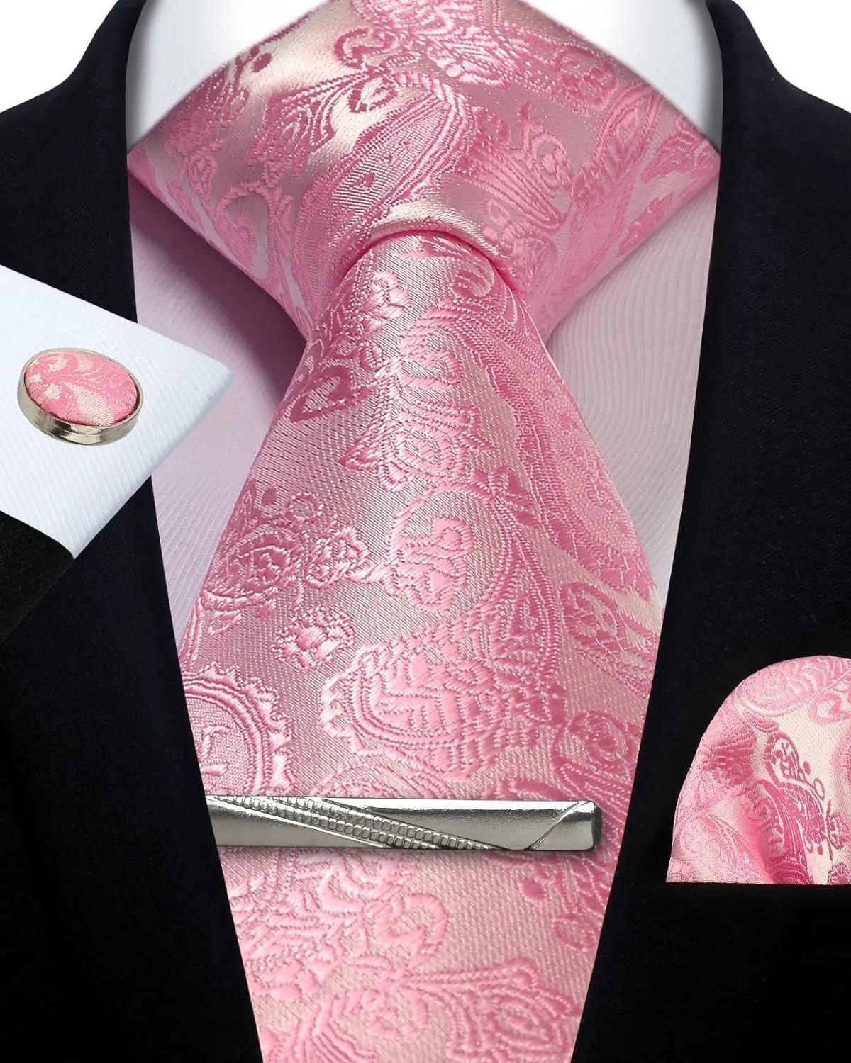 Mens Tie Set Silk Silver Paisley Floral Necktie and Pocket Square Cufflinks Tie Clip Classic Formal Ties for Men Wedding Party - Luzilly Bridal & Apparel