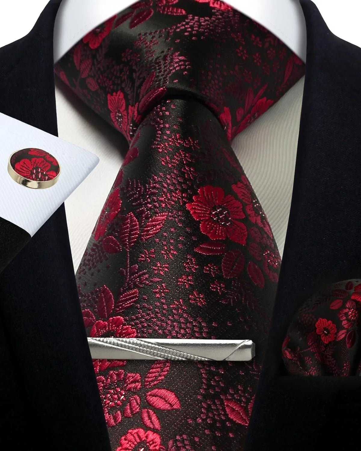 Mens Tie Set Silk Silver Paisley Floral Necktie and Pocket Square Cufflinks Tie Clip Classic Formal Ties for Men Wedding Party - Luzilly Bridal & Apparel