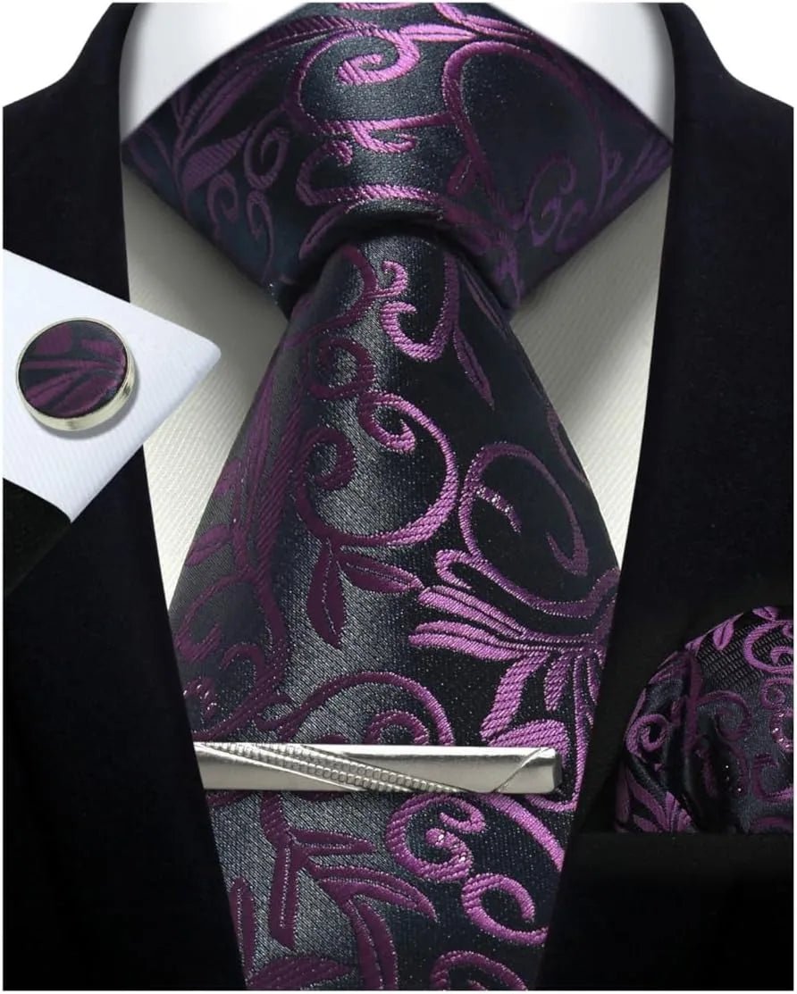 Mens Tie Set Silk Silver Paisley Floral Necktie and Pocket Square Cufflinks Tie Clip Classic Formal Ties for Men Wedding Party - Luzilly Bridal & Apparel