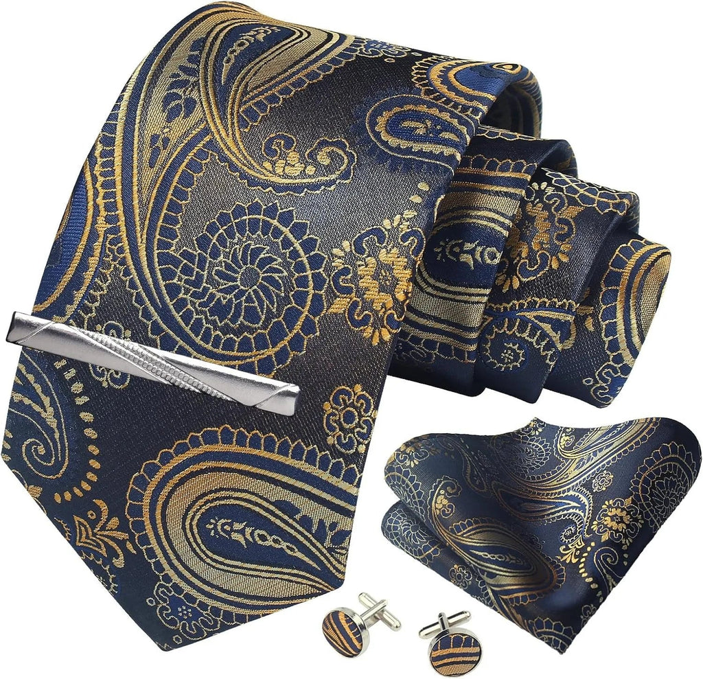 Mens Tie Set Silk Silver Paisley Floral Necktie and Pocket Square Cufflinks Tie Clip Classic Formal Ties for Men Wedding Party - Luzilly Bridal & Apparel