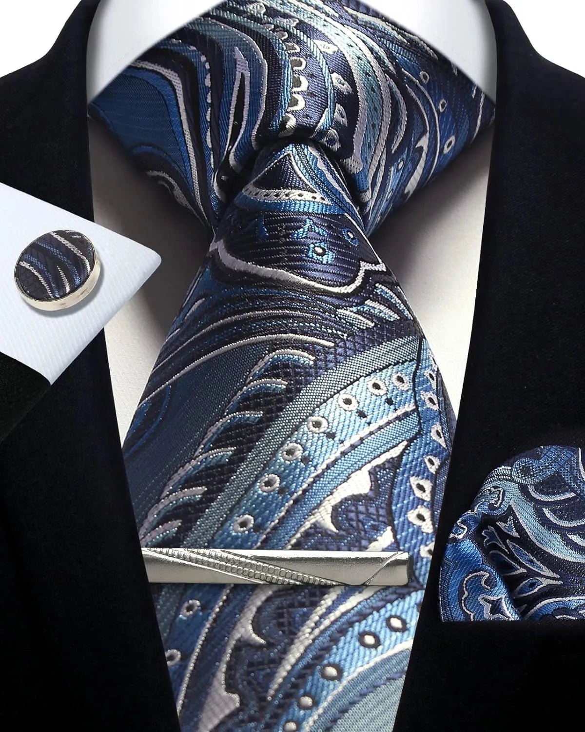 Mens Tie Set Silk Silver Paisley Floral Necktie and Pocket Square Cufflinks Tie Clip Classic Formal Ties for Men Wedding Party - Luzilly Bridal & Apparel