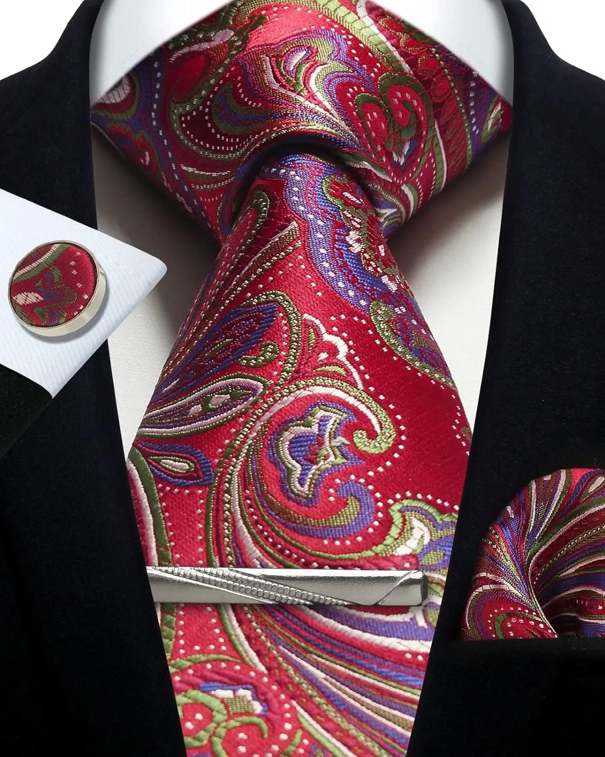Mens Tie Set Silk Silver Paisley Floral Necktie and Pocket Square Cufflinks Tie Clip Classic Formal Ties for Men Wedding Party - Luzilly Bridal & Apparel